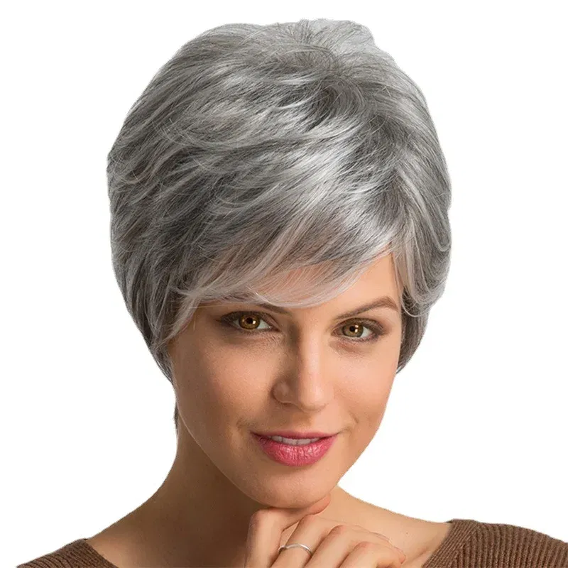 Color: Blonde - New wig female grandma grey fashion short curly hair synthetic high temperature silk woven head cover