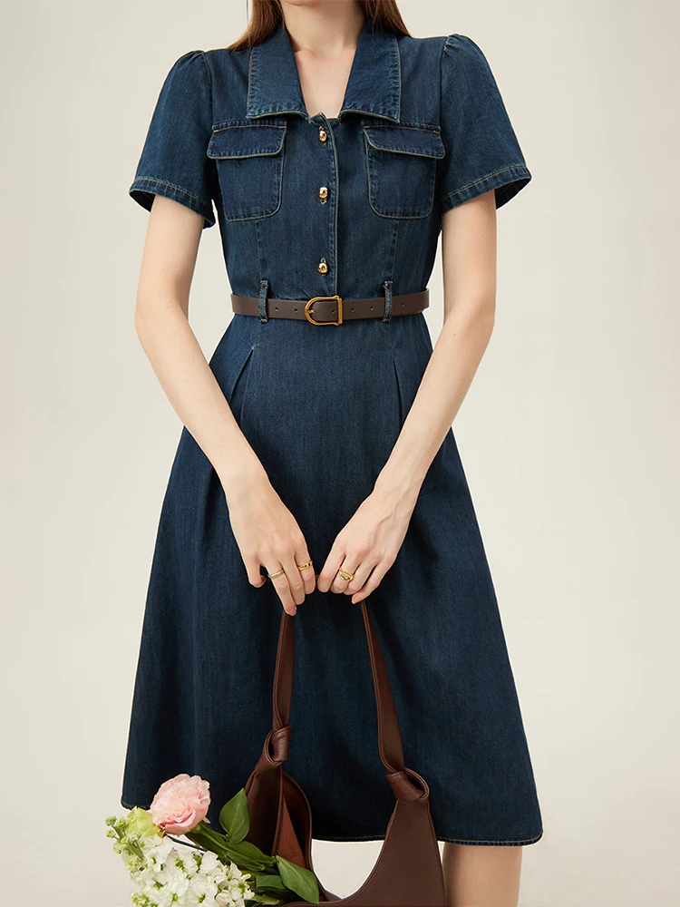 Color: Blue, Size: M - FSLE French Temperament Elegant Retro Denim Dress For Women 2024 Summer New Design High Waist Versatile Long Dress 24FS12236