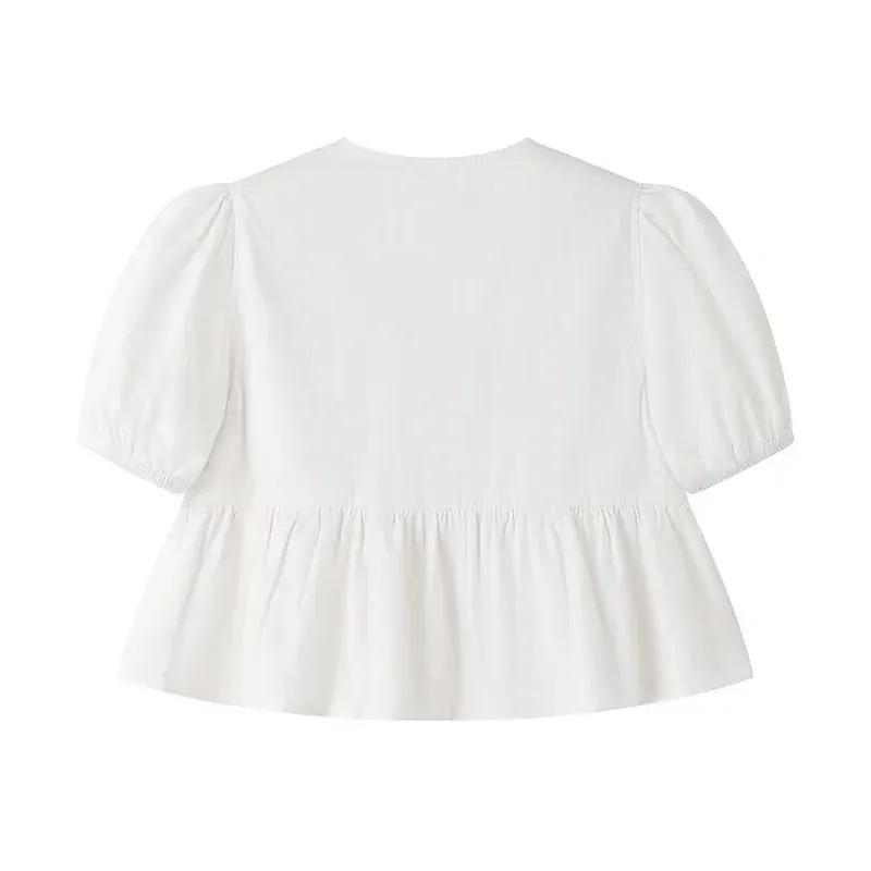 Color: black, Size: L - TRAF White Crop Top Women Black Ruffle Short Puff Sleeve Blouse Female Bow Tied Summer Blouses Woman 2024 Ruched Cute Tops