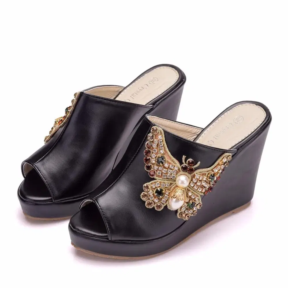Color: black, Shoe Size: 41 - Crystal Queen 10cm Peep Toe Platform Wedges Slippers High Heels Beach Sandals Women