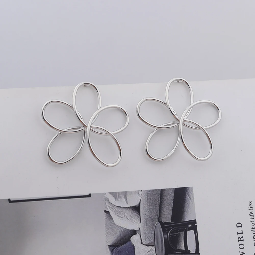 Metal Color: Bronze - Hollow Big Five-petaled Flower Metal Line Drop Earrings for Women Art Brincos Hyperbole Fashion Party Jewelry