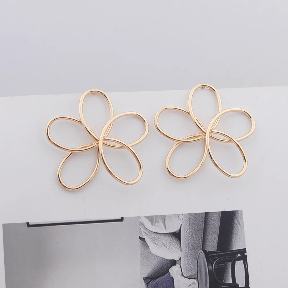 Metal Color: Bronze - Hollow Big Five-petaled Flower Metal Line Drop Earrings for Women Art Brincos Hyperbole Fashion Party Jewelry