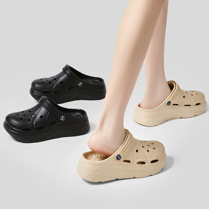Shoe Size: 36-37, Color: Khaki - 2025 Summer Thick Platform Clogs Slippers Women Breathable Hollow Out Garden Sandals Woman Lightweight Non Slip Beach Sandles