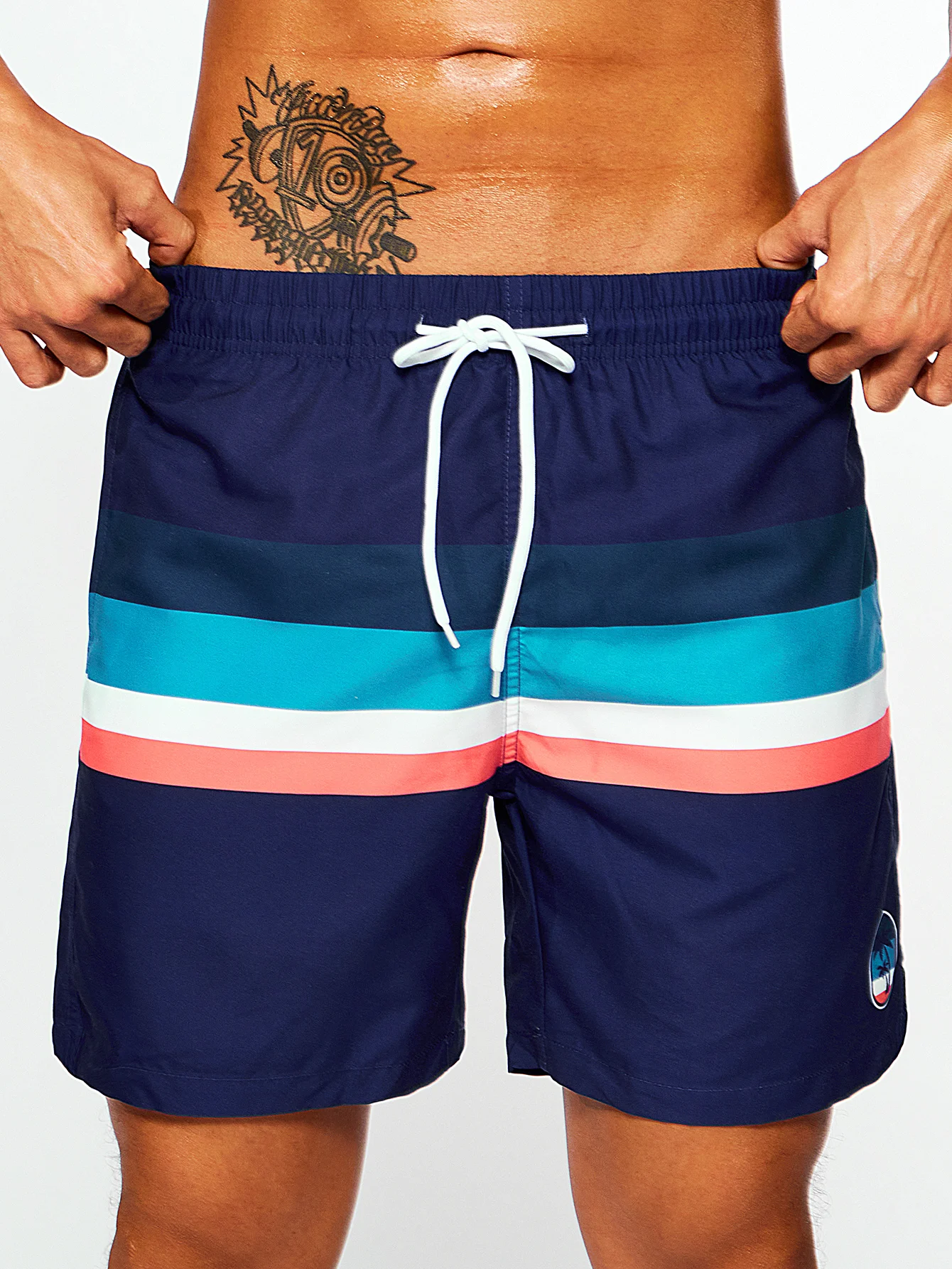 Color: MULTI, Size: L - Men's Navy Bottom Stripe Insert Print Beach Pants
