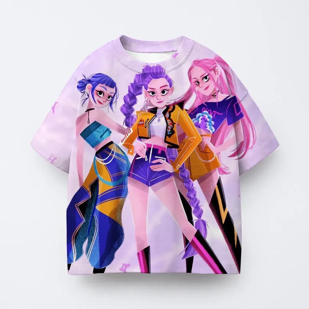 Color: Beige, Kid Size: 8 - T-shirt anime Kpop witch hunting group 3D printing children's T-shirt fashion casual cartoon T-shirt girls' children's clothing