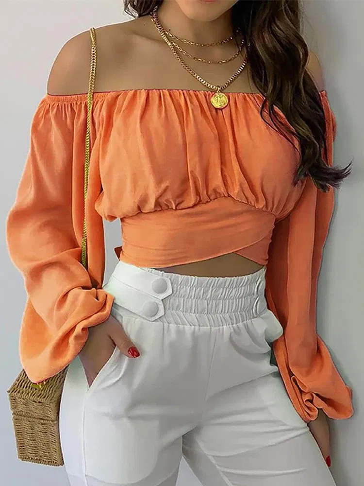 Color: Brown, Size: L - Women Sexy Off Shoulder Blouse Chic and Elegant Printing Lantern Long Sleeve Lace Up Bow Cropped Tops Casual Slim Shirts 2024