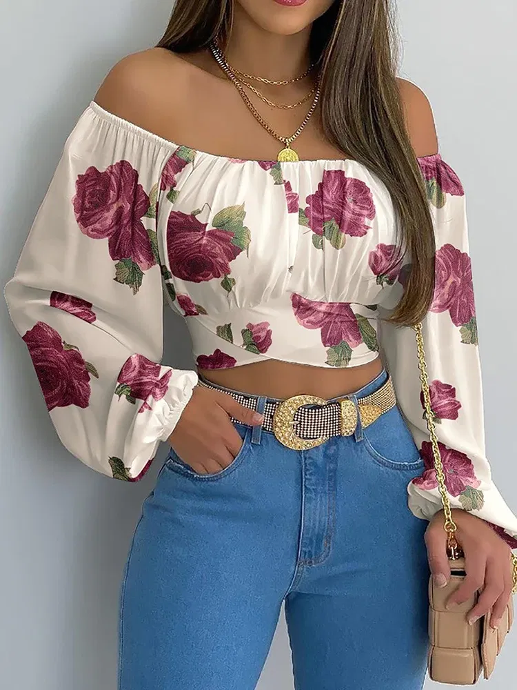 Color: Brown, Size: L - Women Sexy Off Shoulder Blouse Chic and Elegant Printing Lantern Long Sleeve Lace Up Bow Cropped Tops Casual Slim Shirts 2024