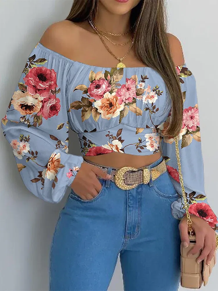 Color: Brown, Size: L - Women Sexy Off Shoulder Blouse Chic and Elegant Printing Lantern Long Sleeve Lace Up Bow Cropped Tops Casual Slim Shirts 2024