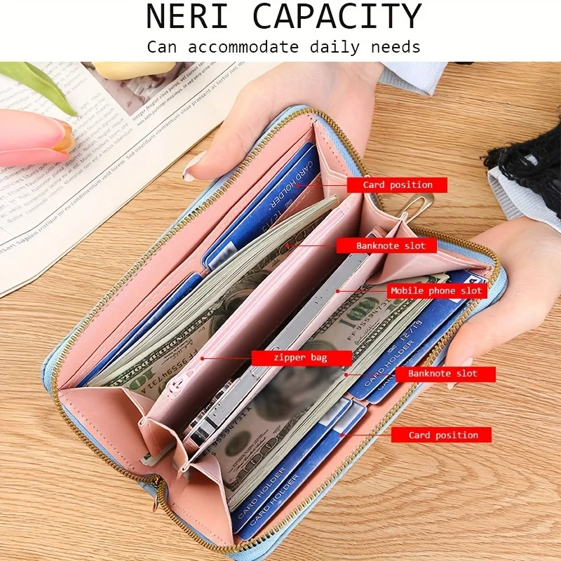 Color: Beige - Floral Embossed Long Wallet, PU Leather Credit Card Holder, Simple Trendy Phone Coin Clutch Purse For Women Hand-painted Wallet