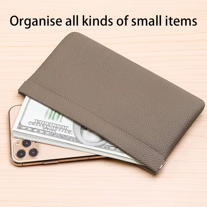 Color: black - Self-closing first-layer genuine cowhide long wallet passport driver's license document holder data cable cosmetic bag storage