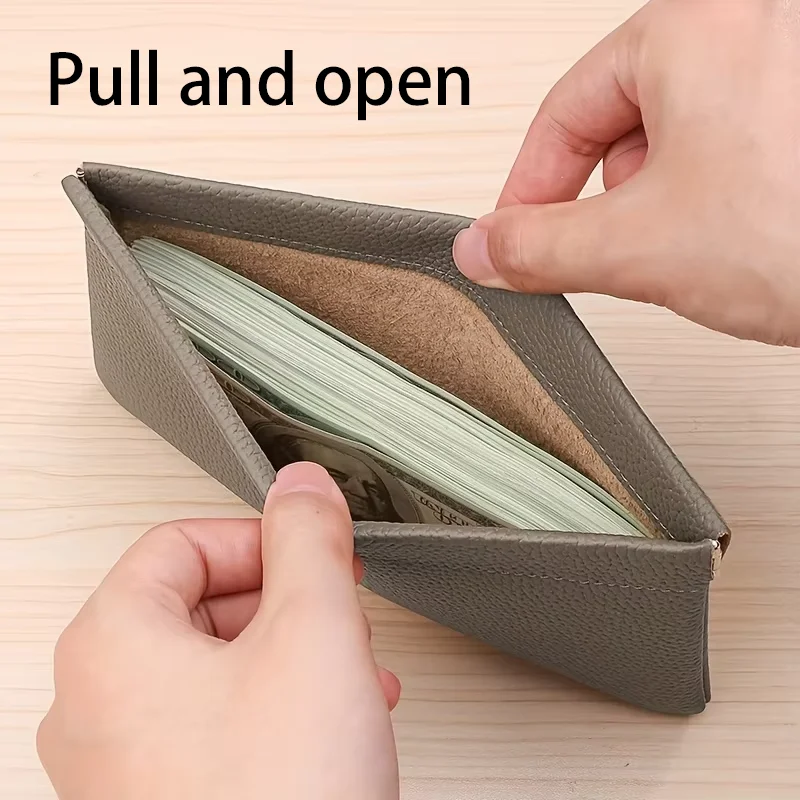 Color: black - Self-closing first-layer genuine cowhide long wallet passport driver's license document holder data cable cosmetic bag storage