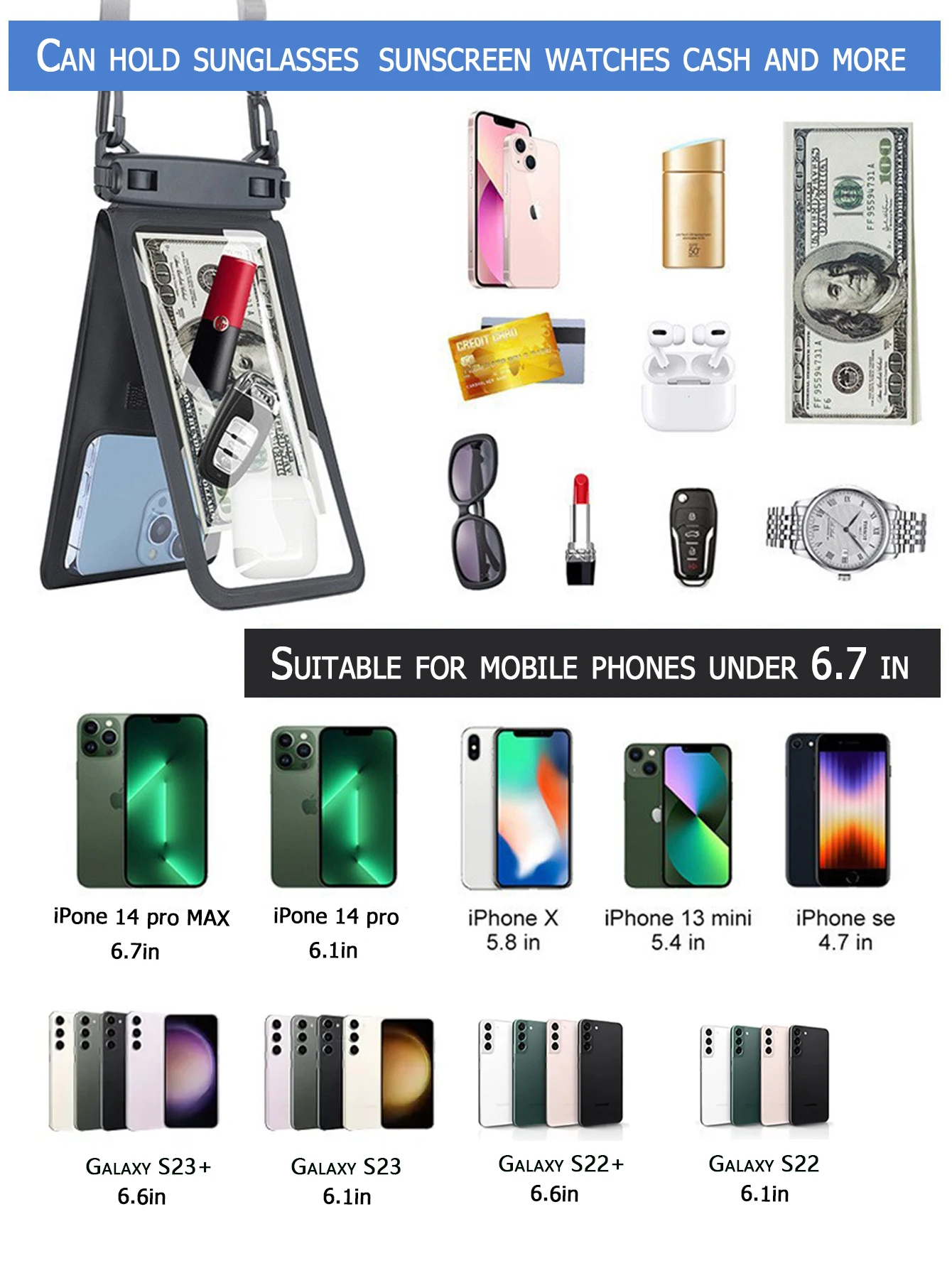Color: Sky blue, Material: PVC - Waterproof Mobile Phone Bag Double Pocket For iPhone 14 13 12 11 Pro Large Swimming Beach Storage Wallet Cards Pouch Dry Bags