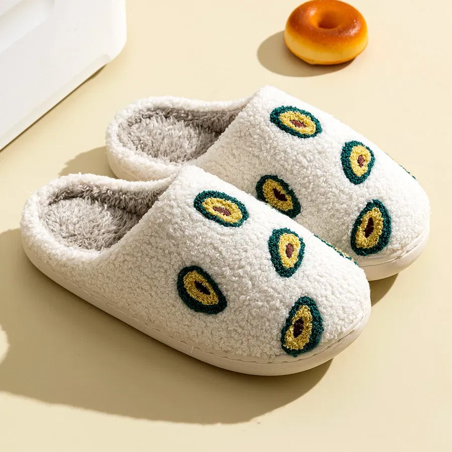 Color: Pink, Shoe Size: 3 - Cute Avocado Women Slippers Winter Warm Indoor Fruit Cartoon Funny Soft Non-slip Slipper Cherry Strawberry Comfy Cotton Shoes