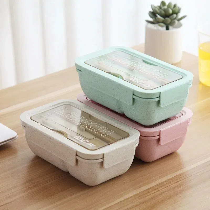 Color: green - 850/1100ML wheat straw lunch box bento box Microwave oven Students with lid canteen simple lunch box rectangular portable
