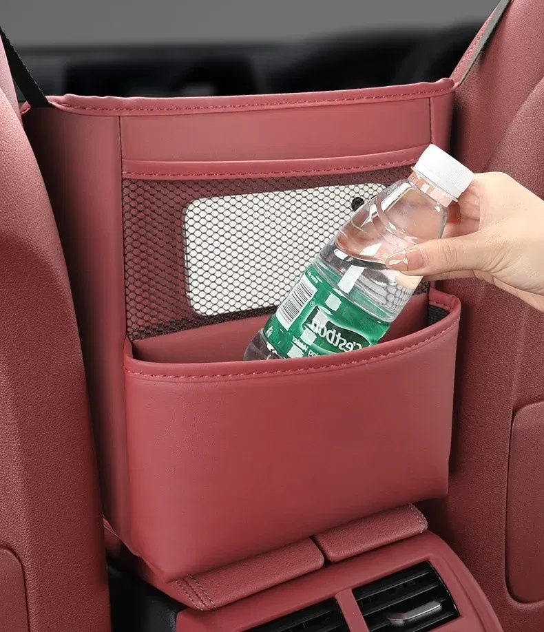Color Name: GRAY - Car Handbag Holder Between Seats Mutifuntional Leather Auto Seat Middle Storage Bag Hanging Tissue Box Phone Cup Map Organizer