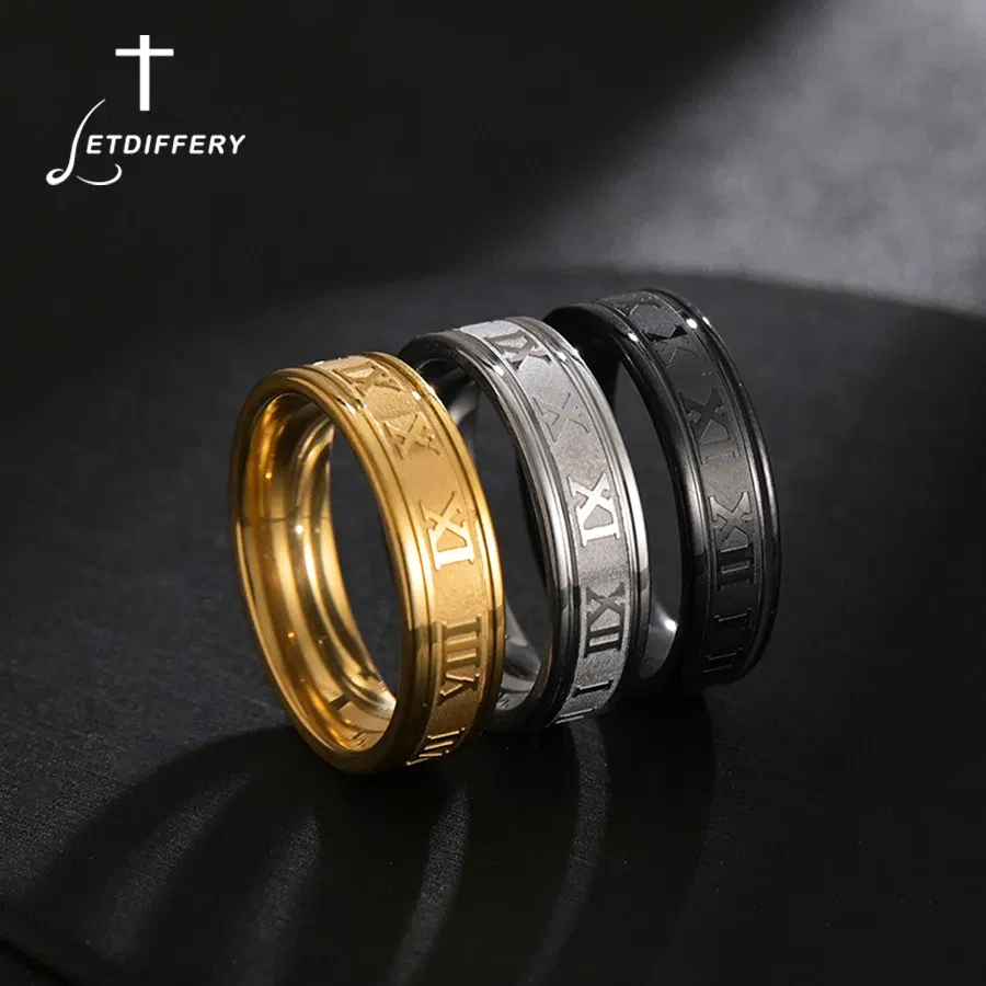 Main Stone Color: Green, Ring Size: 6.5 - Letdiffery 6mm Punk Roman Numerals Rings High Quality Stainless Steel Women Men Jewelry For Wholesale Dropshipping