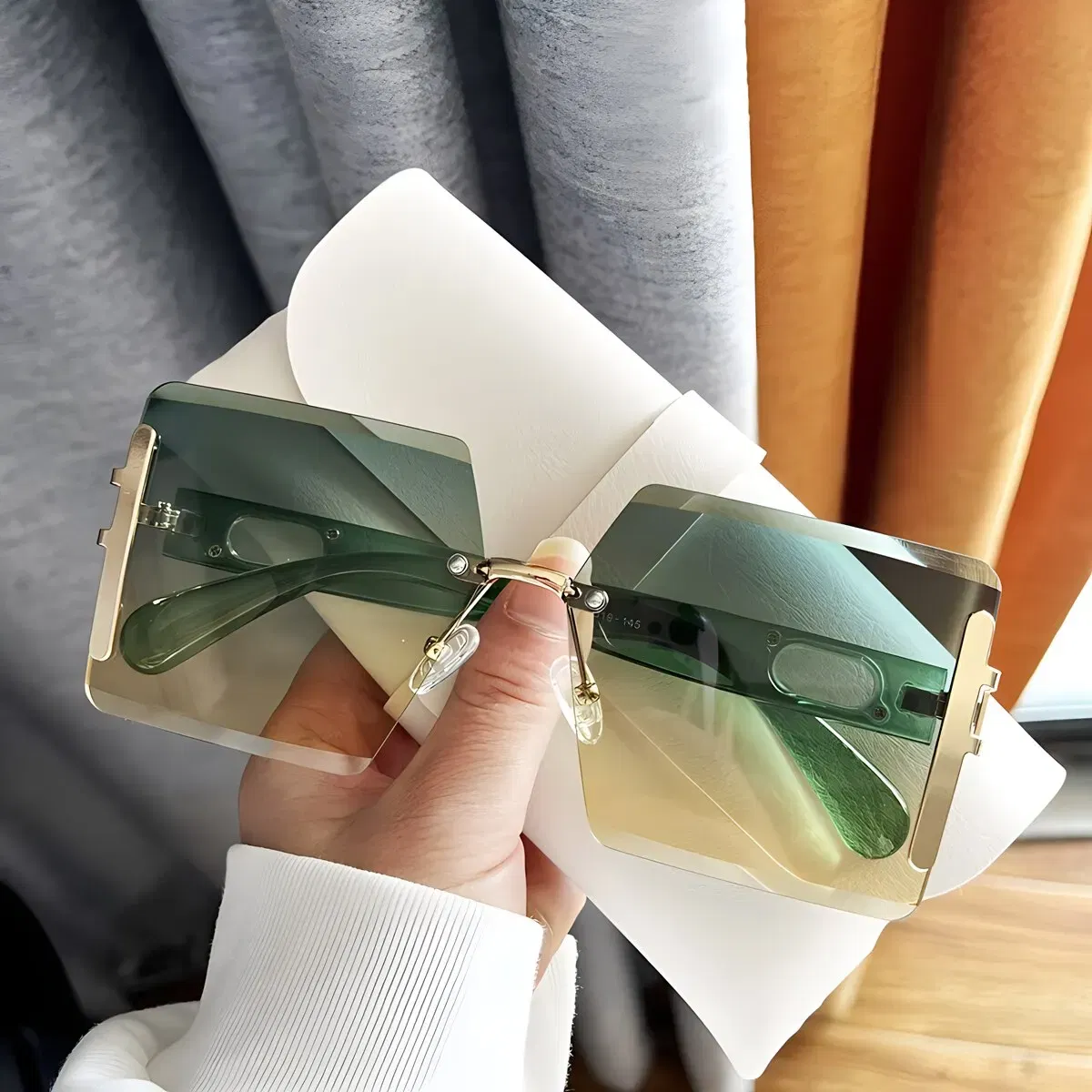 Frame Color: Gold, Lenses Color: Green - 1pair Square Sunglasses For Men And Women Rimless Cut Edge Retro Glasses Y2K Luxury Holiday Accessories Fashionable Sunscreen