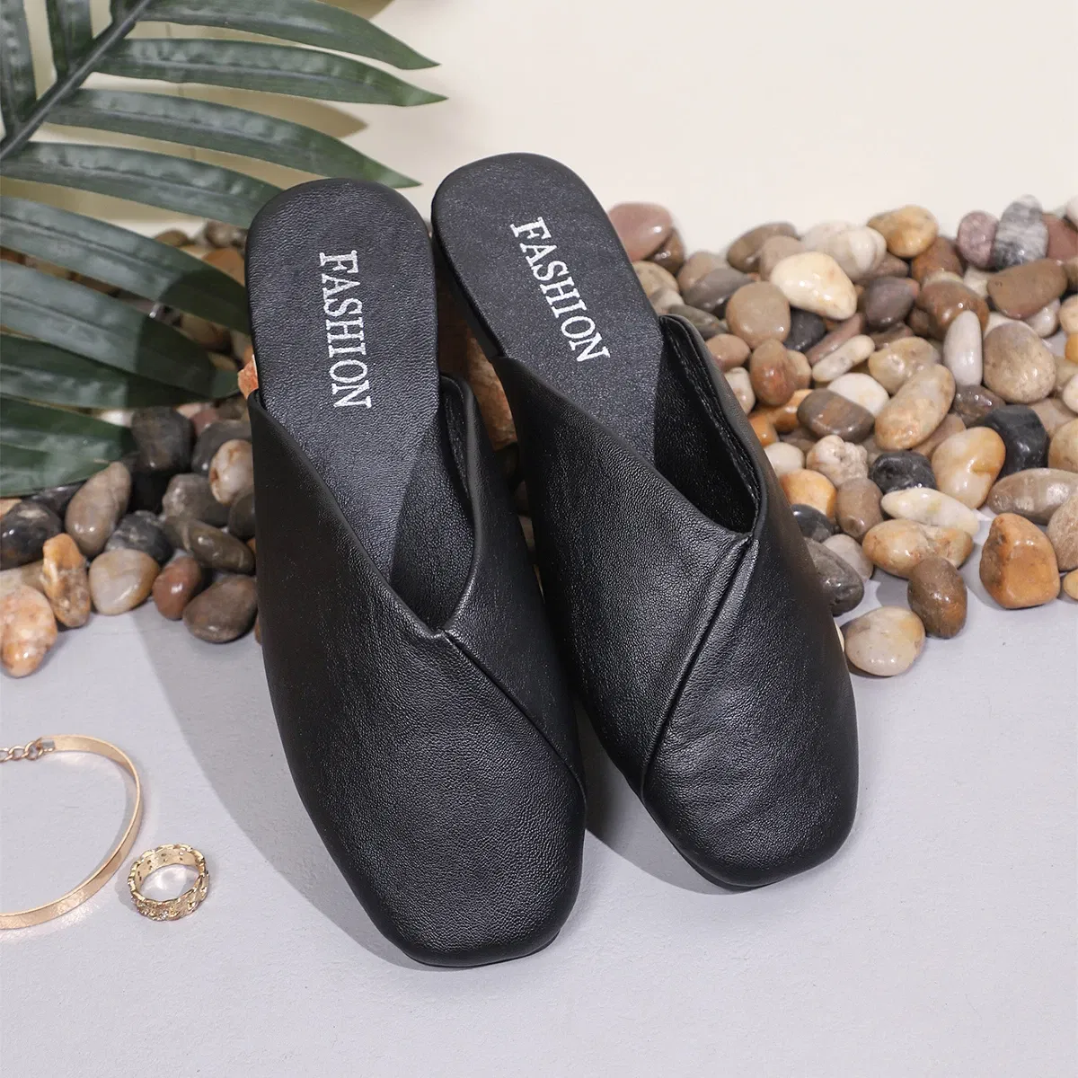Color: black, Shoe Size: 43 - Fashion Slip on Mules Big Size 43 Flat Slippers 2024 Summer Women Flat Casual Outdoor Square Toe Shoes Ladies Slippers