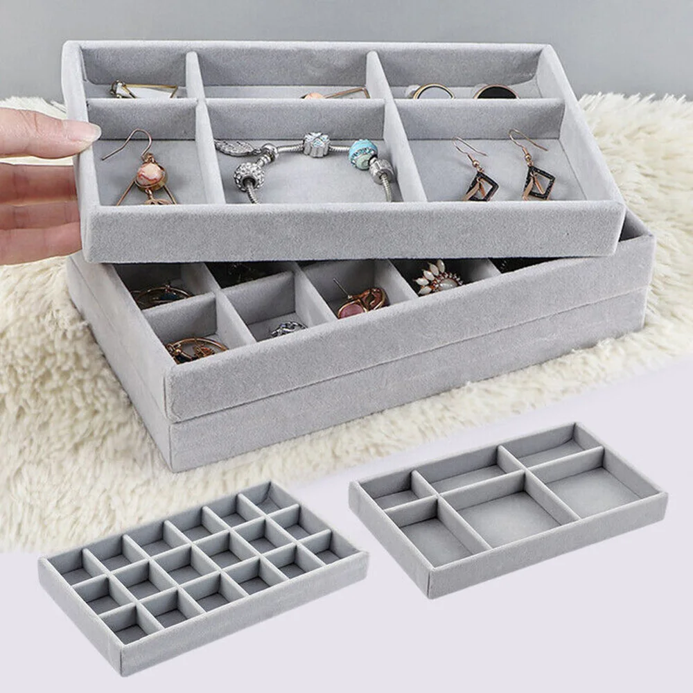Color: PURPLE - Velvet Jewelry Storage Box Necklace Stackable Display Tray Bracelet Earring Organizers DIY Handicrafts Drawer Box Organizer Box