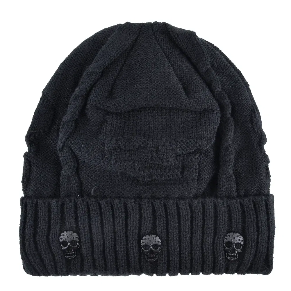 Color: black, Size: 56/57 - Winter Beanies Men Knitted Skull Pattern Solid Color Hat With Metal Skulls Skullies Beanies Men's Knit Thick Hats Add Velvet