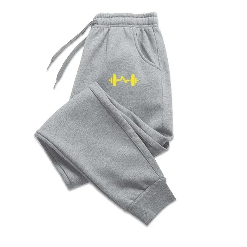 Size: S, Color: GRAY - 2024 Barbell Printed Fleece Men's Trousers Autumn Winter Pants Fashion Drawstring Casual Male Sweatpants Jogging Sports Pants
