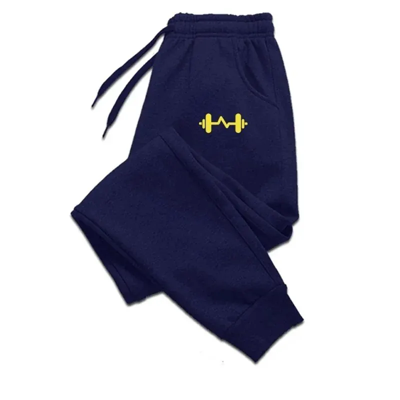Size: S, Color: GRAY - 2024 Barbell Printed Fleece Men's Trousers Autumn Winter Pants Fashion Drawstring Casual Male Sweatpants Jogging Sports Pants
