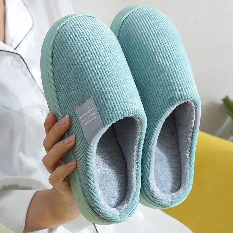Color: Beige, Shoe Size: 33.5 - New Winter Household Warm Furry Women Men Shoes Indoor Slippers Bedroom Cotton Slippers Plush Home Slippers Ladies Flip Flops