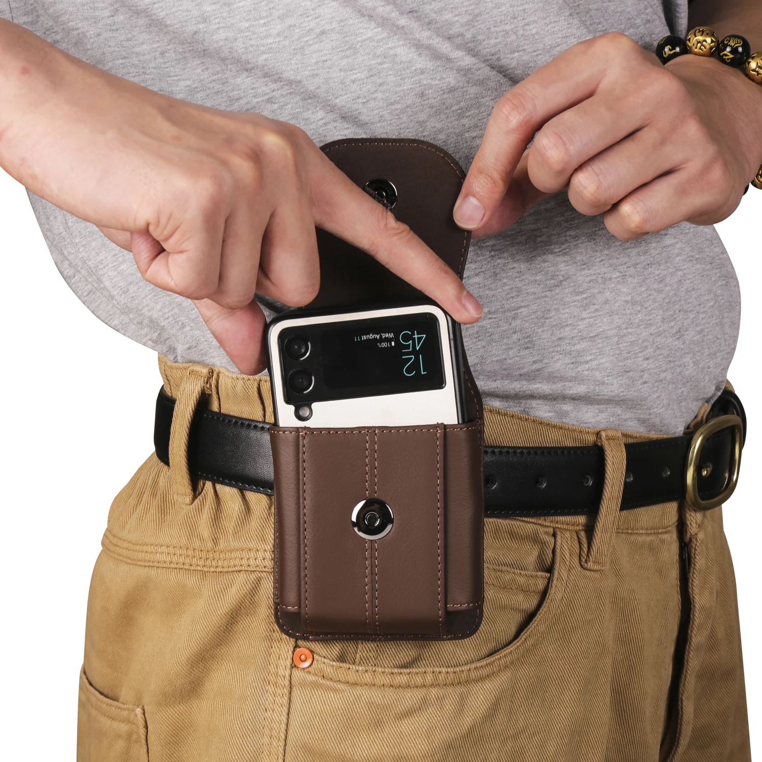Color: Beige, Ships From: CHINA, Material: EVA - Cow Genuine Leather Belt Clip Case For Samsung Galaxy Z Flip6 Flip5 Flip4 6 5 4 3,Oppo Find N3 Flip Men Waist Bag Holster Pouch