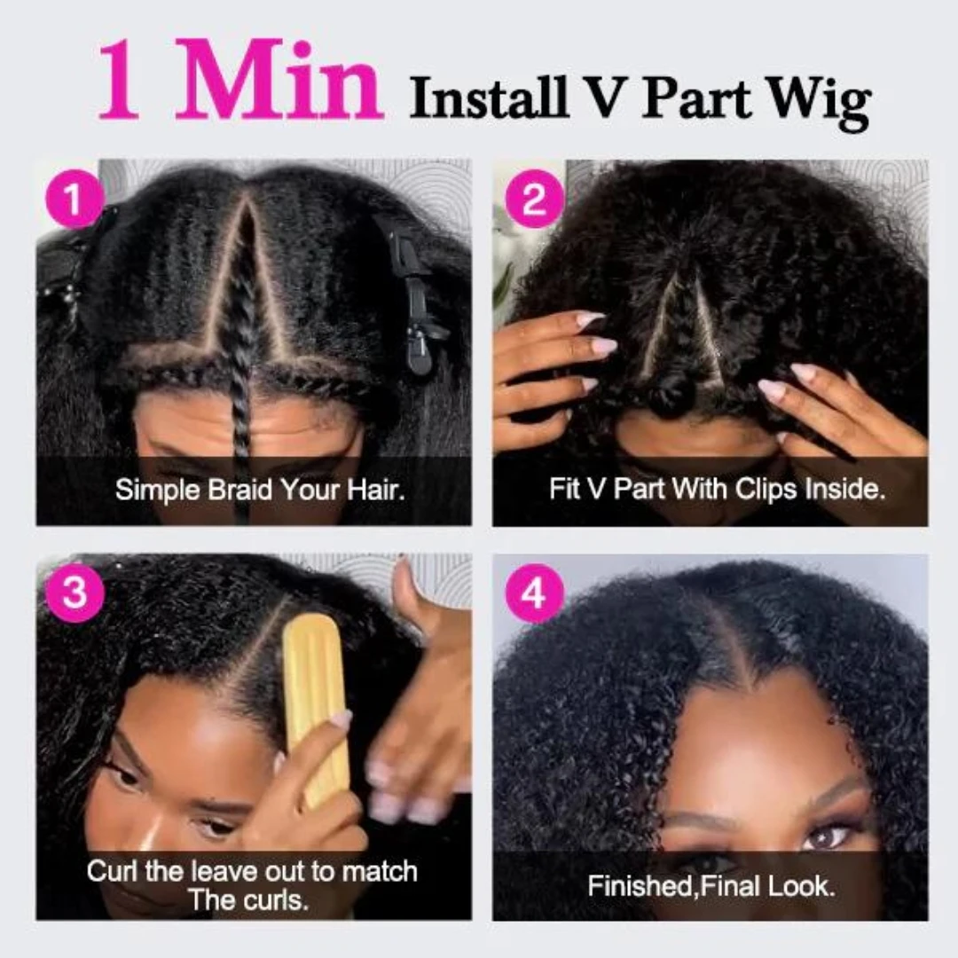 Hair Color: Natural Color, Stretched Length: 20inches, Density: 180% - Afro Kinky Curly V Part Human Hair Wigs No Leave Out Natural Black Machine Made Upgrade U Part Curly Wigs Indian Hair For Women