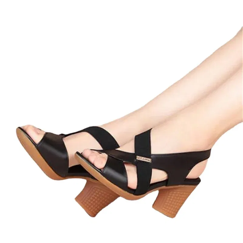 Color: Khaki, Shoe Size: 37 - New Mid-heel Sandals Women Summer Shoes Comfortable High Heels Thick Heel Peep Toe Non-slip Soft Bottom Mother Shoes Slip-On