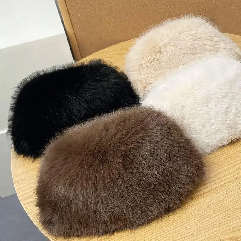 Color: black - New Fluffy Fur Women's Winter Hat Winter Snow Ski Cap Female Faux Fur Thick Warm Windproof Hat Russian Hat Mink Fisherman's Hat