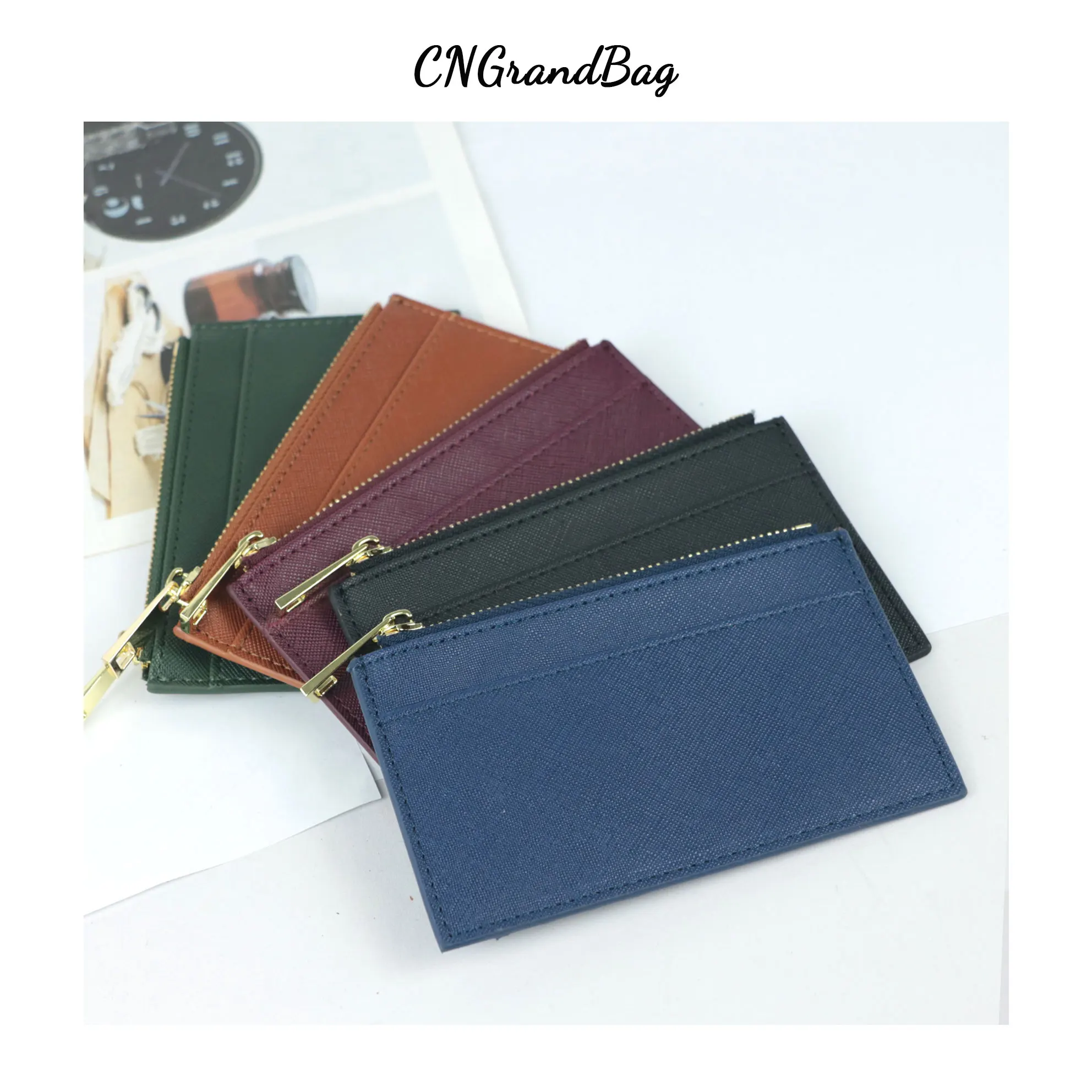 Color: Brown - Custom Name Saffiano Leather Zip CardHolder Multiple Colors Ultra Thin Coin Purse Drop Shipping Small Women Credit Card Wallet