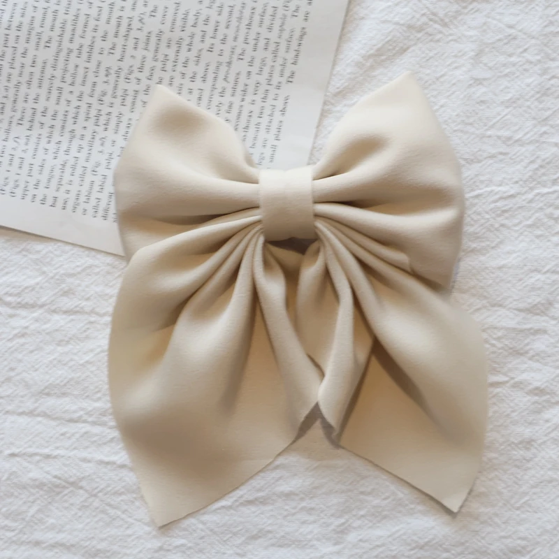 Color: WHITE - Elegant Bow Ribbon Hair Clip Fashion Simple Solid Satin Spring Clip Hair Pin Retro Headband with Clips Girls Hair Accessories