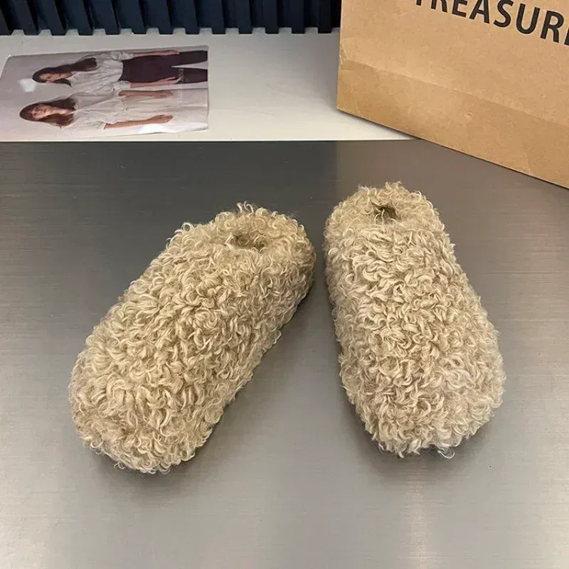 Color: black, Shoe Size: 38 - Thick Heel Luxury Lambwool Mules Winter Shoes Woman Flip Flops Flat Cover Toe Slides Ins Warm Curly Lamb Fur Slippers Women