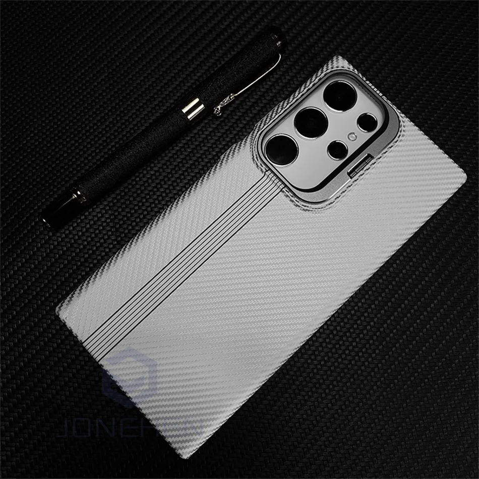 Color: SKY BLUE, Material: Nylon - Magnetic Pixel Carbon Fibre Pattern Slim Case For Samsung Galaxy S24 Plus S23 Ultra Luxury Shockproof Hard Cover Stand Metal Len