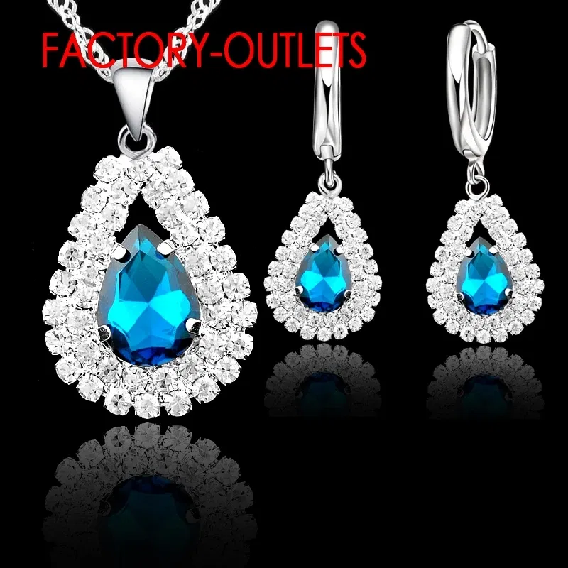 Metal color: Beige - Hot Sale 925 Silver Needle Bridal Jewelry Sets Austrian Crystal Water Drop Necklaces Hoop Earrings Women Party Engagement