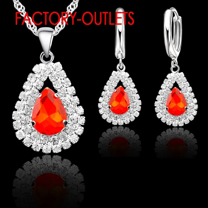 Metal color: Beige - Hot Sale 925 Silver Needle Bridal Jewelry Sets Austrian Crystal Water Drop Necklaces Hoop Earrings Women Party Engagement