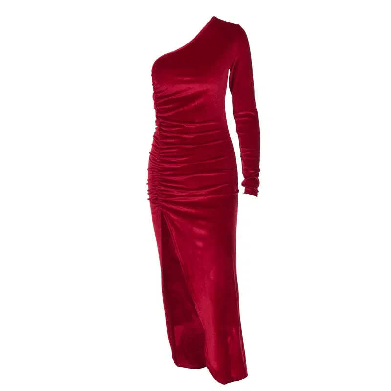 Color: green, Size: M - Women Elegant Long Sleeve Party Evening Velvet Bodycon Split Pencil Midi Dress Spring Autumn Clothes