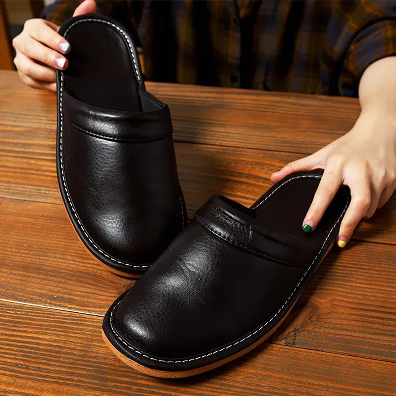 Color: Lavender, Shoe Size: 6 - Mens Bedroom Leather Slippers Unisex Black Home Shoes Big Size 47 48 Man's Slippers Indoor Comfy Males Slides Family Flats Shoes