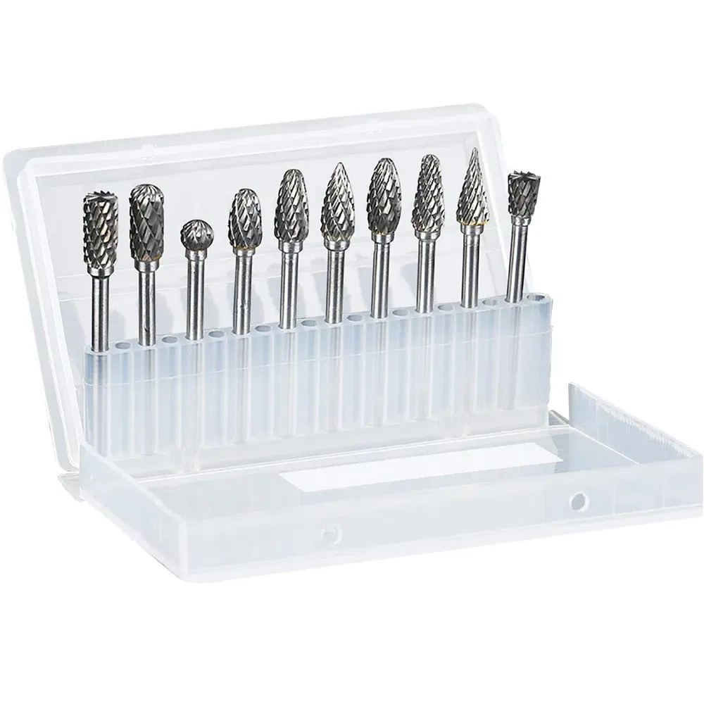 Color: LIGHT GRAY, Shank Shape: Round - 10PCS Carbide Burr Set Compatible with Dremel 1/8" Shank Die Grinder Rotary Tool Rasp Bits Wood Metal Carving Electric Grinding