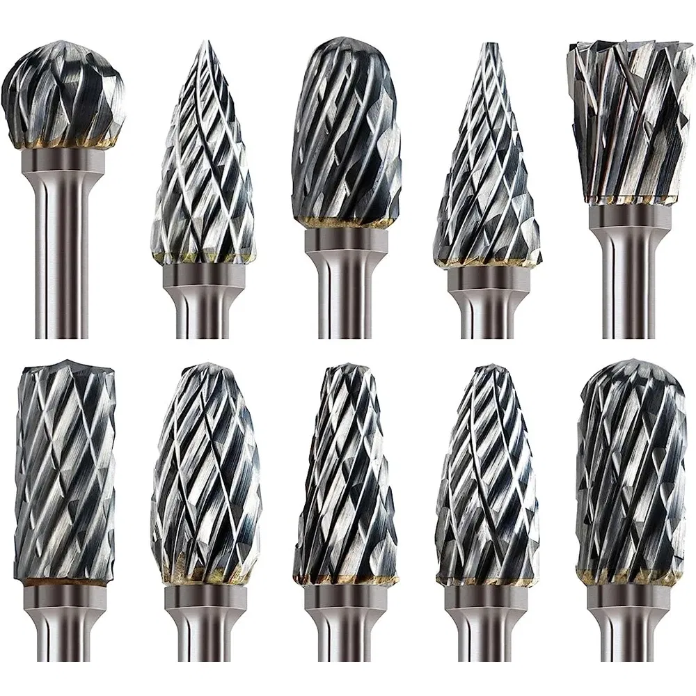 Color: LIGHT GRAY, Shank Shape: Round - 10PCS Carbide Burr Set Compatible with Dremel 1/8" Shank Die Grinder Rotary Tool Rasp Bits Wood Metal Carving Electric Grinding