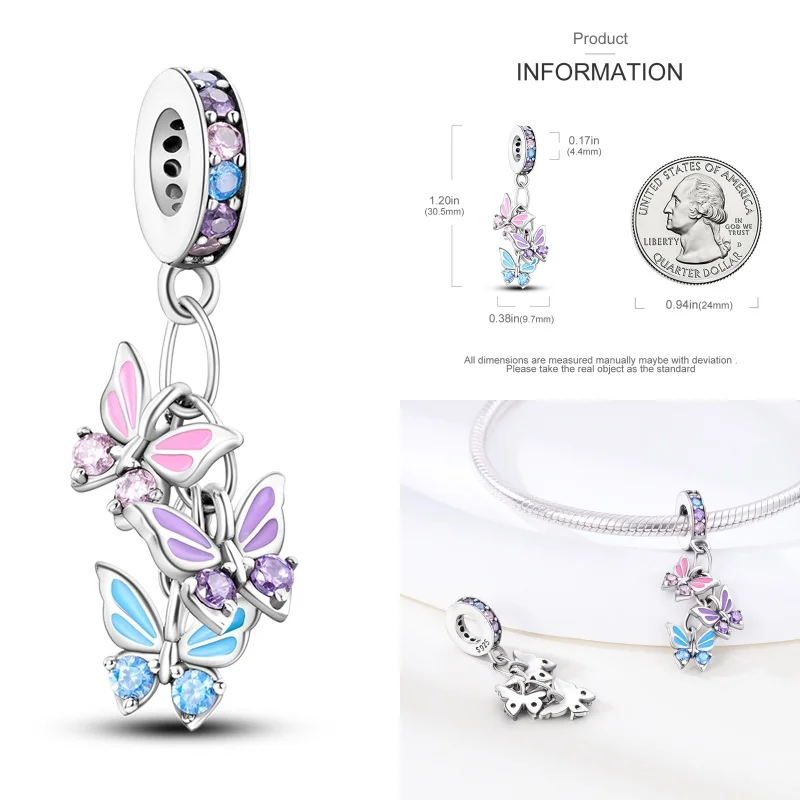 Color: Navy Blue - Pink Series Charms 925 Silver Perfume Butterfly Charm Beads Pendent Dangle Fit Original Pandora Charm Bracelet DIY Women Jewelr