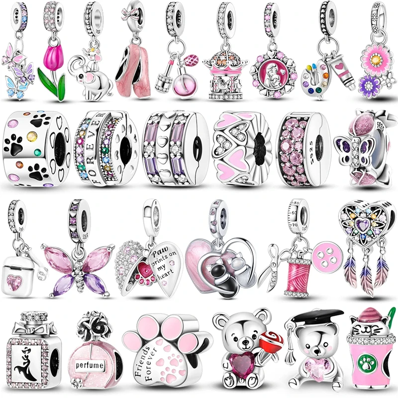 Color: Navy Blue - Pink Series Charms 925 Silver Perfume Butterfly Charm Beads Pendent Dangle Fit Original Pandora Charm Bracelet DIY Women Jewelr