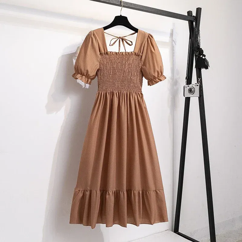 Color: Brown, Size: One Size - Spring Summer Chiffon Dresses Fashion Female Elastic Waist Short Sleeve Pleated Casual Dress Women A-line Dresses Vestidos