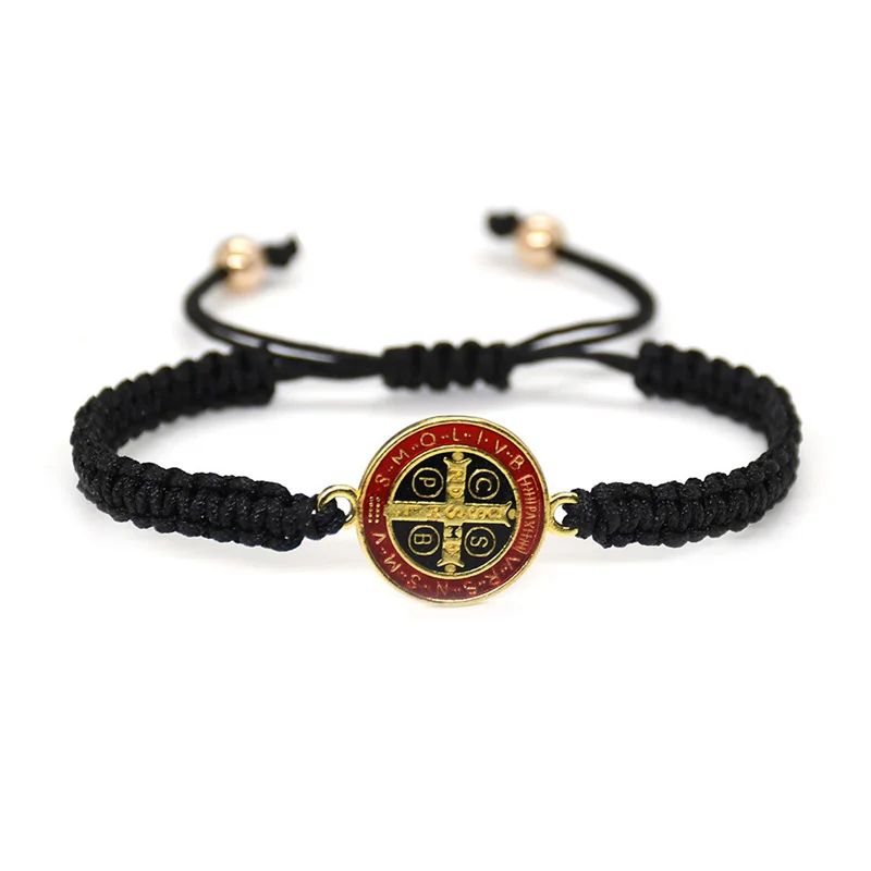Metal Color: Hot Stamping - QIGO St. Benedict Bracelet For Men Women Rope Weave Religious Jewelry Red Black