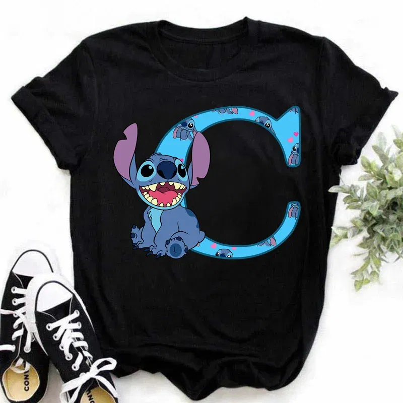 Color: black, Size: M - Disney Lilo&Stitch A-Z Alphabet Summer Women's Printed T-Shirt Women's Casual Tops T-Shirt Fashion Cartoon Plus Size T-Shirt