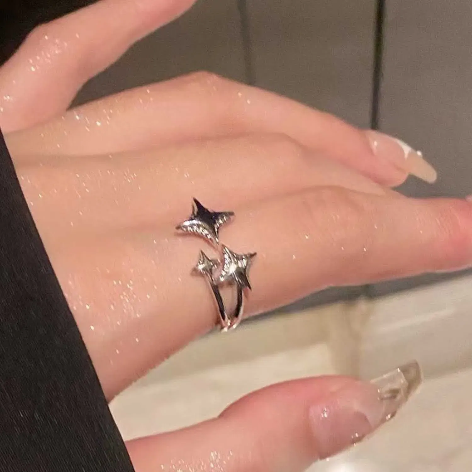 Main Stone Color: Red - 2025 New Korean Silver Color Four Pointed Star Rings For Women Simple Y2k Cross Star Opening Adjustable Finger Ring Jewelry Gift