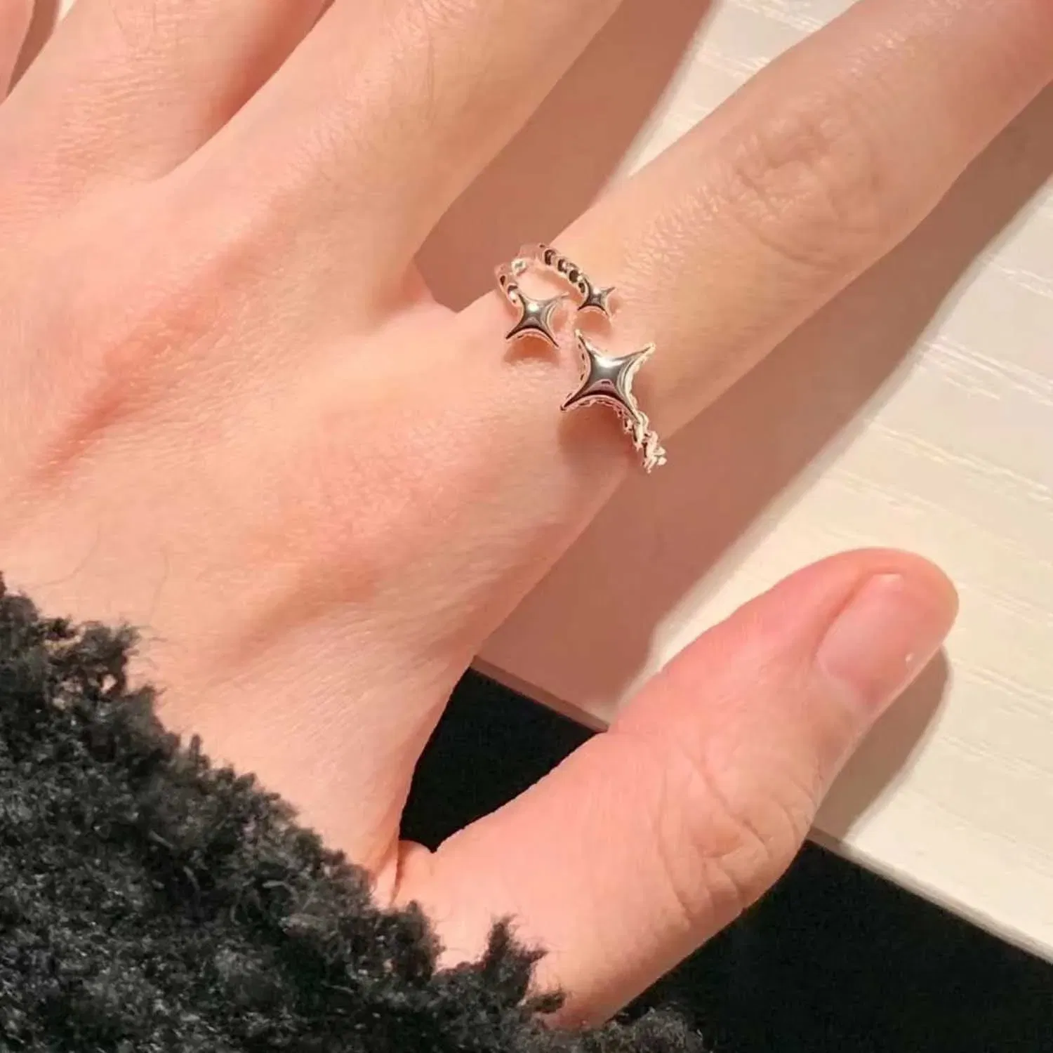 Main Stone Color: Red - 2025 New Korean Silver Color Four Pointed Star Rings For Women Simple Y2k Cross Star Opening Adjustable Finger Ring Jewelry Gift