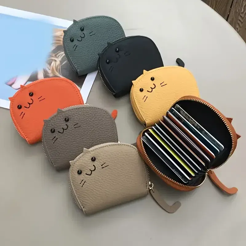 Color: Coffee - Cartoon Cat shaped design Wallet Women's Multi-card slots Holder Cute Fashion Faux Leather Coin Purse Creative ID Card Holder