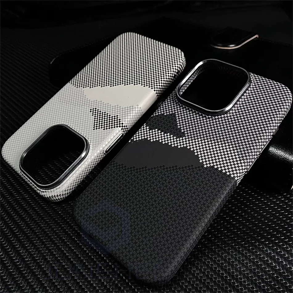 Color: Beige, Material: Nylon - Luxury Alloy Lens 3D Relief Peak Carbon Fibre Pattern Case For iPhone 13 14 15 16 Pro Max Slim Shockproof PC Cover For Magsafe